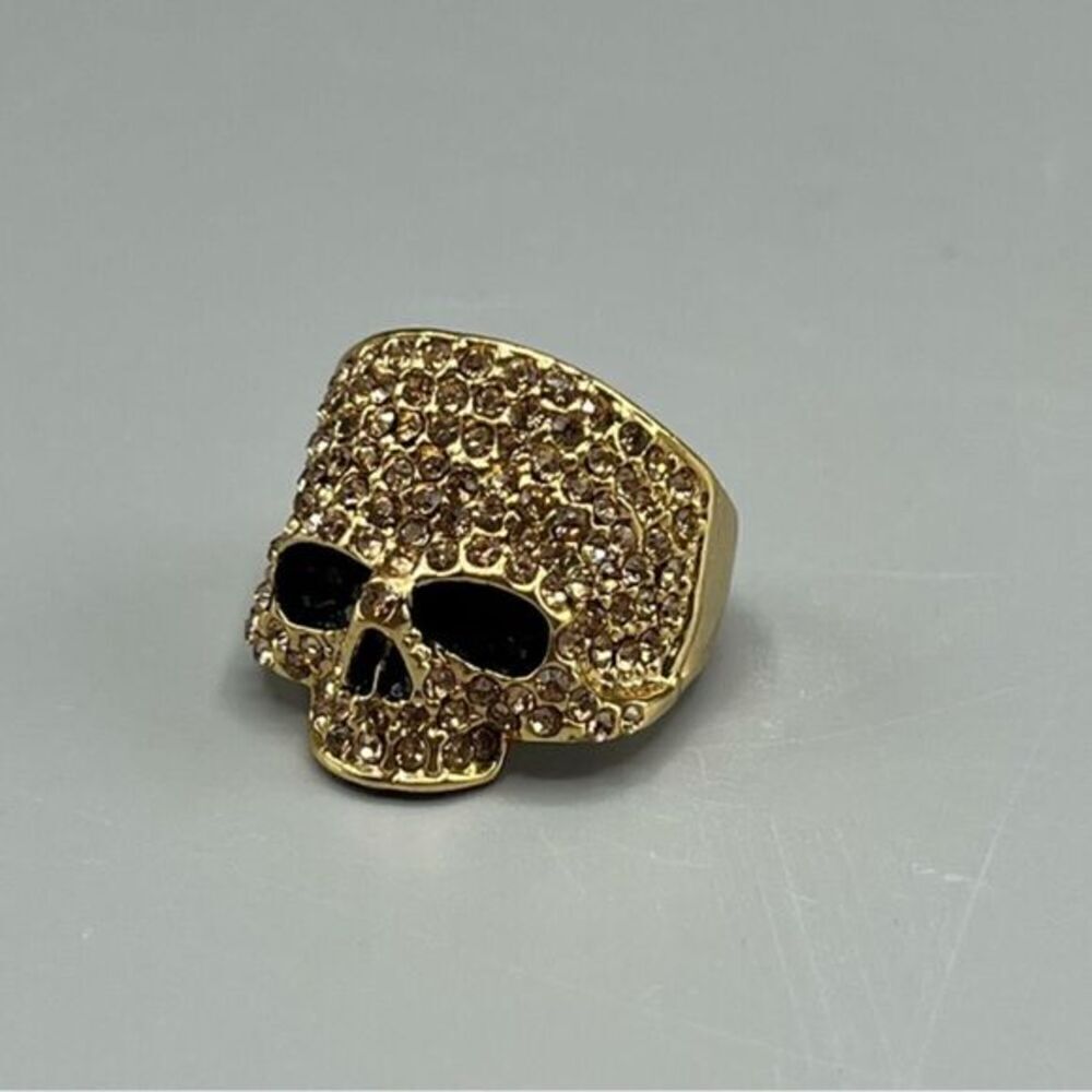 Men’s Rhinestone Gold-Tone Skull Ring Size 10